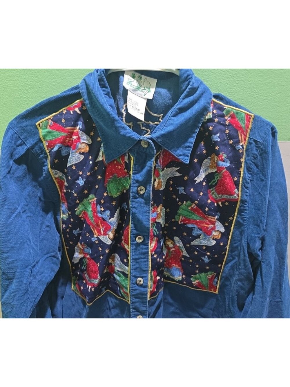 Quacker Factory Womens Blouse M Button Up Blue Corduroy Angel Pattern  Christmas